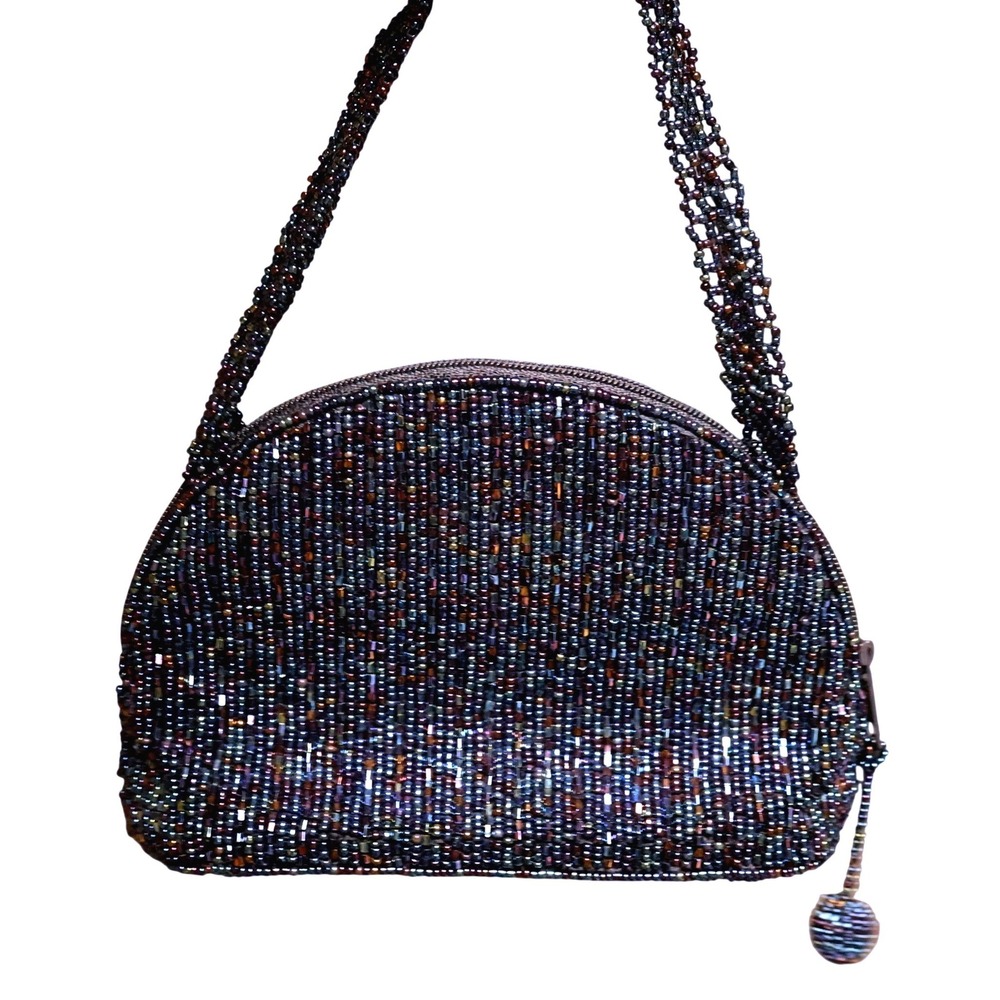 La Regale Beaded Mini Shoulder Bag in Black with Iridescent Accents